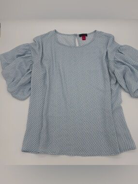 Vince Camuto Blue White Diamond Print Puff Sleeve Blouse Top Geometric Large 90s
